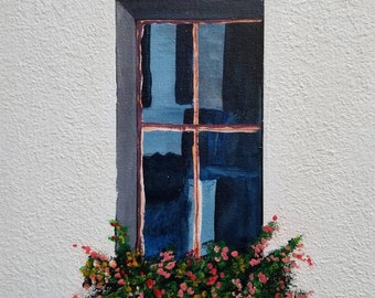 Fleurs dans la peinture acrylique de fenêtre 11"14"