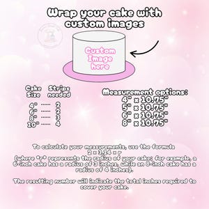 May include: A pink graphic with text that reads "Wrap your cake with custom images." It shows a cake with "Custom Image here" on it. Measurement options are listed for 4", 5", 6", and 8" cakes.