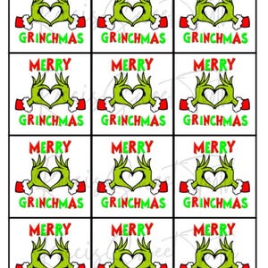 以下が含まれることがあります： 緑色のグリンチの手がハートの形を作っており、「メリーグリンチマス」という赤い文字と緑色の文字が書かれた、印刷可能なギフトタグが12枚です。