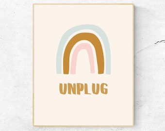 Unplug Sign Boho Rainbow Art Print | Digital Download | Abstract Rainbow Modern Art Printable | Minimalist Rainbow Poster | No Phone Sign