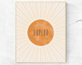 Abstract Sun Wall Art Unplug Sign | Digital Download | Sun Rays Circle Poster | Large Sun Art Print | Unplug Sign | No cellphone Sign | Sun