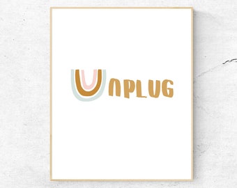 Unplug Sign Rainbow Art Print | Digital Download-  Rainbow Wall Hanging |  Rainbow Art | Mindfulness Gifts | No Phone Sign | Retro Phone