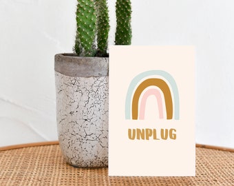 Unplug Sign Boho Rainbow Art Print | Abstract Rainbow Modern Art Wall Hanging | Minimalist Rainbow Poster | Unplug Wall Art | No Phone Sign