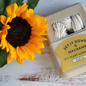 May include: A craft kit for making a macrame plant hanger. The kit includes natural cotton cord and instructions. The box is yellow with the text "Set It Down & Macrame DIY Plant Hanger Kit Medium".