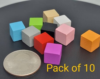 PACK OF 10 Wooden Cubes Game Pieces 10 mm Standard Size Green Purple Red Black Blue Pink White Orange Wood or Yellow
