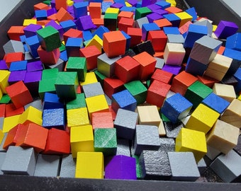 PACK OF 10 Wooden Cubes Game Pieces 10mm Standard Size Black White Red Purple Green Yellow Orange Blue Gray