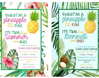 Luau Pineapple Hawaiian Tropical Themed Birthday Party Invitations