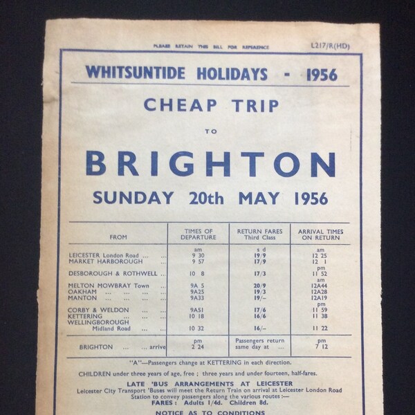 Original 1956 British Railways Handbill Brighton from Leicester Oakham Manton Corby Kettering