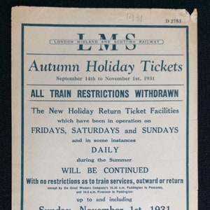 Original LMS Railway Handbill 1931 Autumn Holiday Tickets