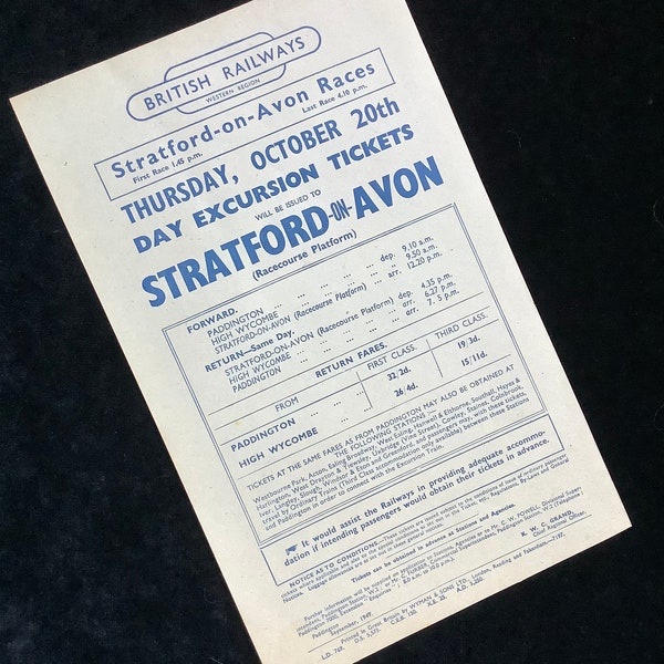 Original British Railways Handbill 1949 Stratford on Avon Horse Racing from Paddington & High Wycombe