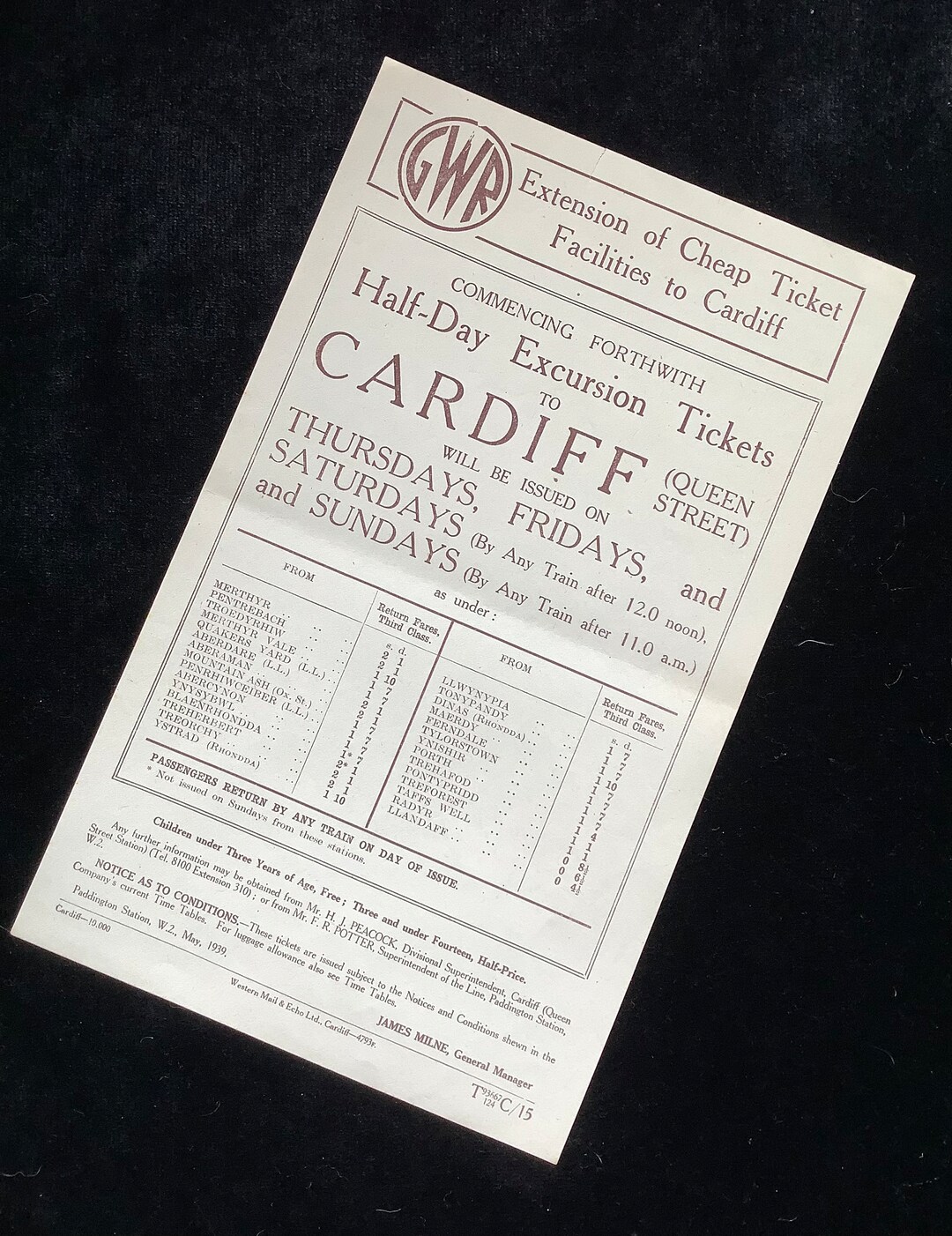 Original GWR Great Western Railway Handbill 1939 Cardiff Fro Merthyr ...