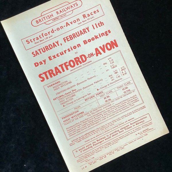 Original British Railways Handbill 1950 Stratford on Avon Horse Racing from Paddington & High Wycombe