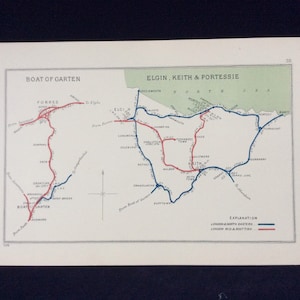 1928 Railway Map Boat of Garten Elgin Keith Portessie Junction Diagram Original