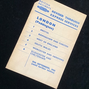 Original British Railways Handbill 1961 Revised Express Services from Paddington to Bristol Birmingham & the West