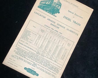 Folheto original das ferrovias britânicas de 1959, trem a diesel para Lancaster, Arnside Grange, Ulverston Barrow, de Stockport, Manchester, Bolton