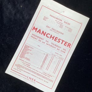 Volantino originale delle ferrovie LNER del 1936 Corse di Manchester da Doncaster Conisboro Wombwell Barnsley Dodworth Silkstone Swinton Tinsley