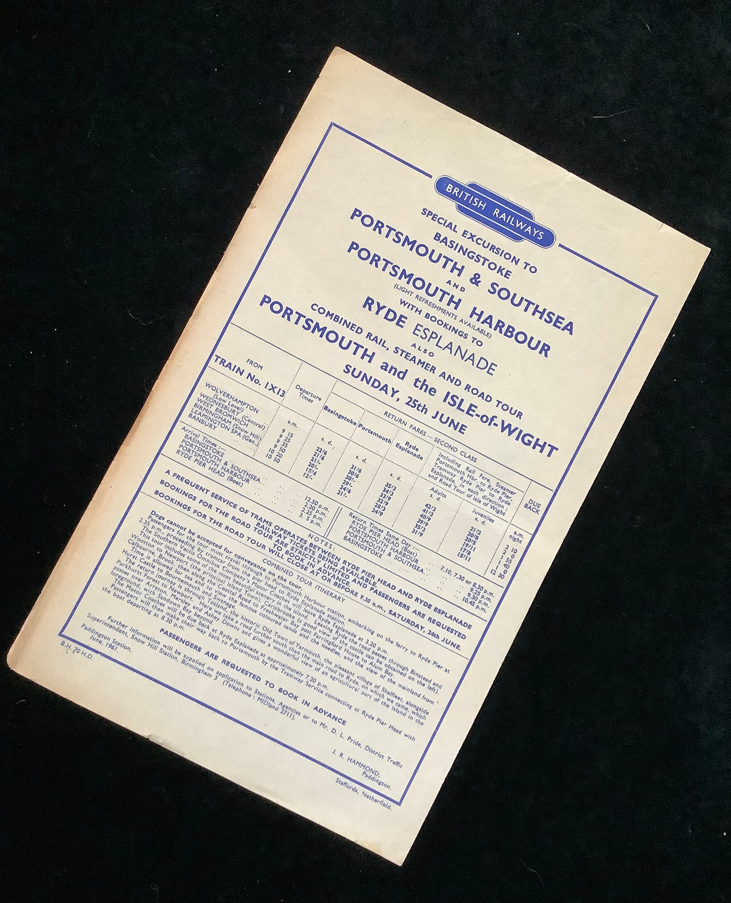 Folheto original da British Railways 1961 Portsmouth Southsea Ilha de Wight de Wolverhampton Birmingham
