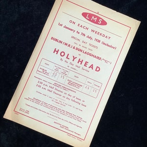 Original LMS Railway Handbill 1938 Dublin Dun Laoghaire to Holyhead Train Ephemera