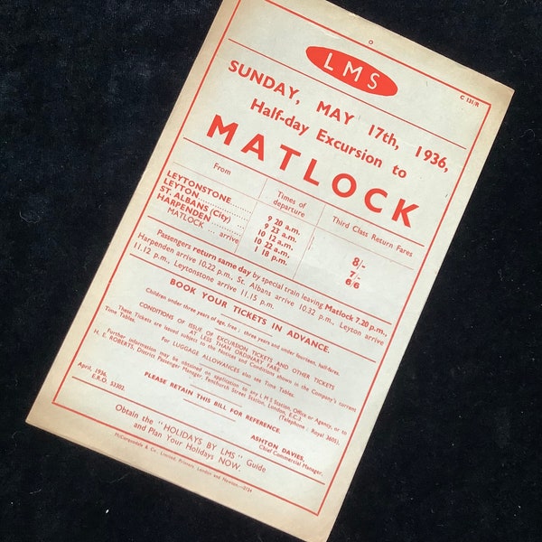 Original LMS Railway Handbill 1936 - Matlock from Leytonstone Leyton St Albans Harpenden