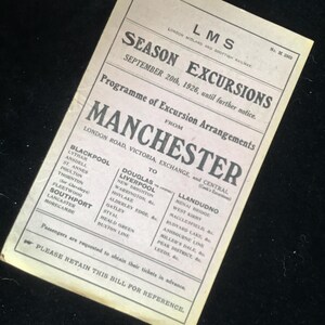 Original LMS Railway Handbill 1926 Excursions from Manchester to Blackpool Liverpool Southport Llandudno Douglas