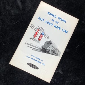 Oryginalna ulotka reklamowa British Railways Eastern z 1957 r. Słynne pociągi o znanych nazwach na głównej linii wschodniego wybrzeża