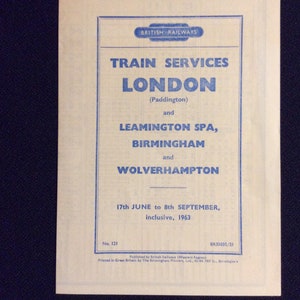 Oryginalna ulotka rozkładu jazdy British Railways z 1963 r. Leamington Spa Birmingham Wolverhampton