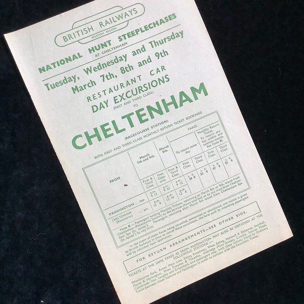 Original British Railways Handbill 1950 Horse Racing Cheltenham National Hunt Steeplechases