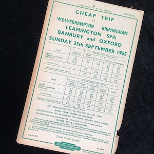 Volantino originale delle ferrovie britanniche 1955 Wolverhampton Birmingham Banbury Oxford dal mercato di Crewe Drayton Tern Hill
