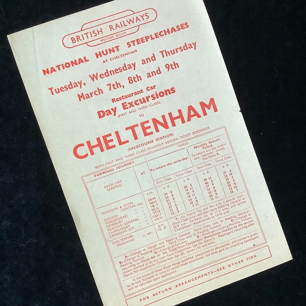 Original British Railways Handbill 1950 Horse Racing Cheltenham from Windsor Slough Reading etc