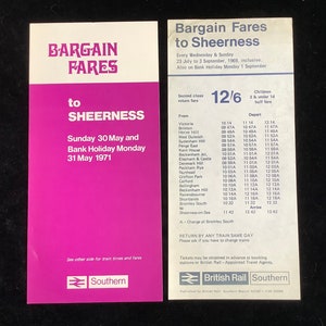 Zestaw ulotek reklamowych BR Railway z lat 60. i 70. XX wieku – ceny biletów na przejazd do Sheerness w regionie południowym