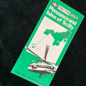 Oryginalna ulotka British Railways Intercity & BEA Guide z 1970 r. – usługi pociągowe i helikopterowe w Penzance i na wyspach Scilly