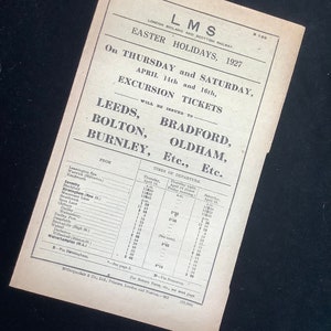 Volantino ferroviario originale LMS 1927 Leeds Bradford Oldham Bolton Burnley da. Coventry Birmingham Wolverhampton