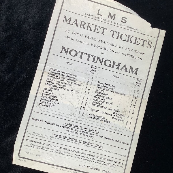 Original LMS Railway Handbill 1928 Nottingham from Oakham Whissendine Saxby Edmondthorpe Sileby Lincoln Swinderby Tibshelf Pleasley