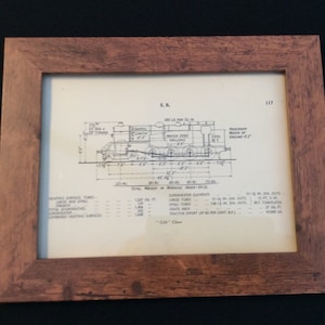 May include: A black and white line drawing of a steam locomotive, labeled "S.R. C16 Class", with technical specifications and measurements. The drawing is framed in a brown wood frame.