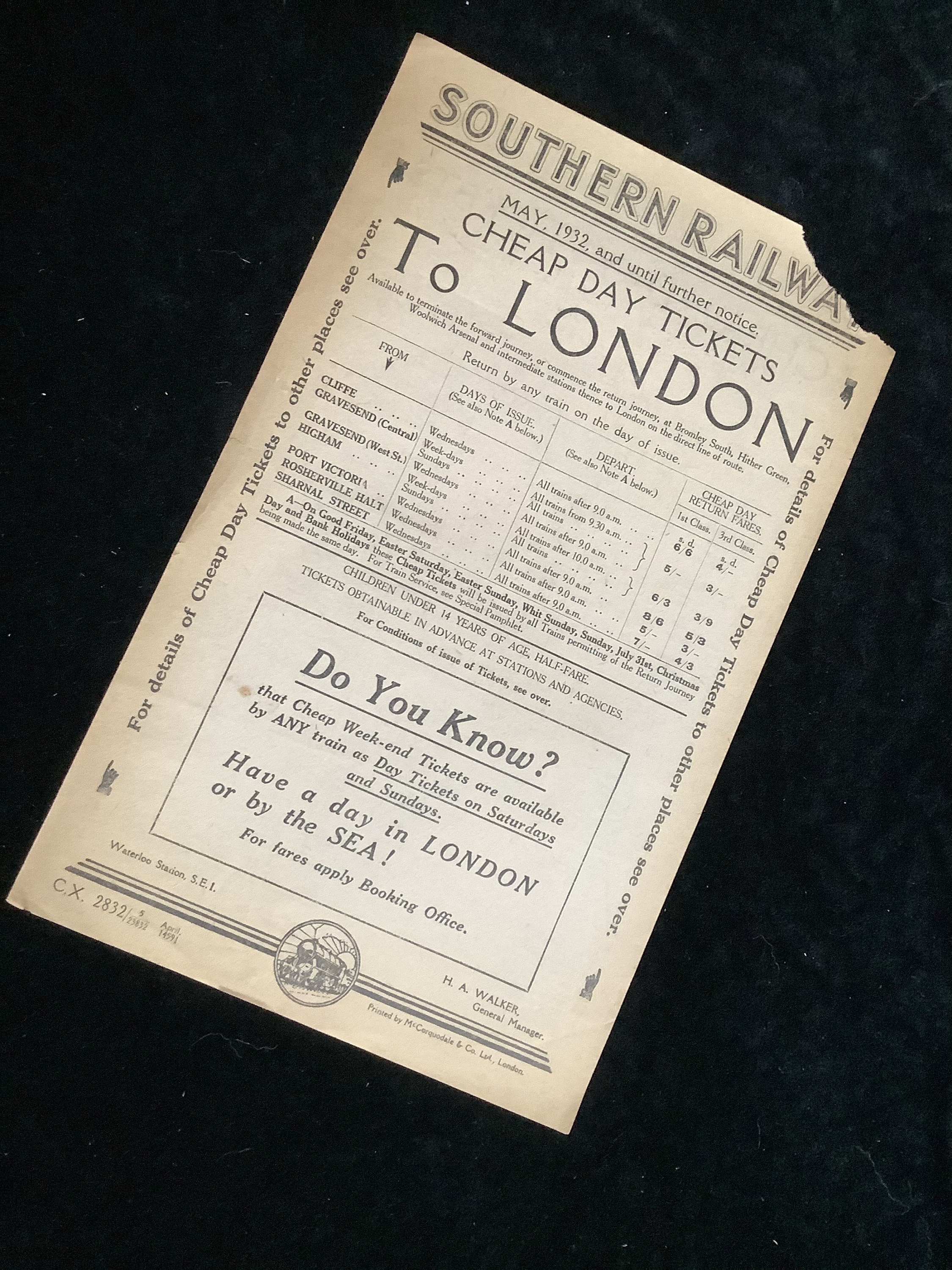 Original Southern Railway SR Handbill 1932 Cliffe Gravesend Higham Port Victoria Rosherville Halt