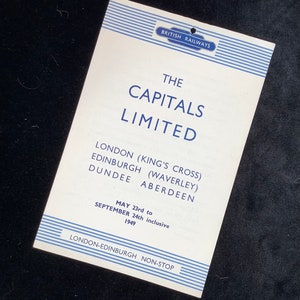 Oryginalna ulotka reklamowa BR The Capitals Limited Edinburgh Dundee Aberdeen Railways z 1949 r.