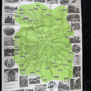 May include: A vintage Green Line bus route map printed on white paper with a large central lime green shape containing black lines and text indicating various bus routes and locations. The map features black and white photographs along the borders.