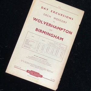 Handbill originale delle ferrovie britanniche 1952 Wolverhampton Birmingham dal mercato Drayton Tern Hill Hodnet Peplow Ellerdine Halt Crudgington