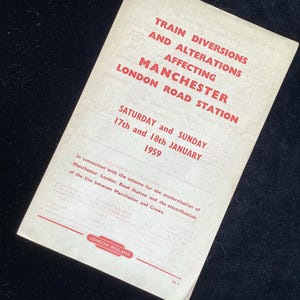 Folheto original da British Railways, 1959, desvios e alterações de trem da estação rodoviária de Manchester Londres