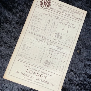 May include: A vintage train timetable for half-day excursions in the Barry and Penarth Districts of Wales, UK. The timetable lists departure times and fares for trips to Bristol, Port Talbot, Neath, and Swansea. The timetable is dated December 1938.