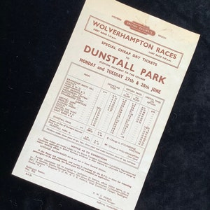 Volantino originale delle ferrovie britanniche 1955 Wolverhampton Horse Races a Dunstall Park da Birmingham West Bromwich Dudley Tipton