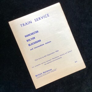 Oryginalna ulotka rozkładu jazdy British Railways z 1964 r. Manchester Bolton Blackburn