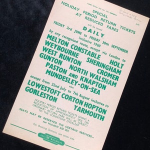 Volantino originale delle ferrovie britanniche 1960 Melton Constable Holt Sheringham Cromer North Walsham Mundesley on Sea Lowestoft Yarmouth