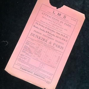 Original LMS Railway Handbill 1927 - Excursion Tickets to Dunkirk & Paris