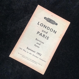 Oryginalna ulotka informacyjna British Railways z rozkładem jazdy i cenami biletów z 1952 r. – z Londynu do Paryża