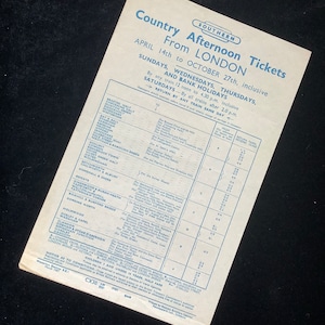 May include: A vintage Southern Railway afternoon train ticket from London, dated April 14th to October 27th. The blue and white ticket lists destinations and fare information. The ticket is slightly aged, with visible creases.
