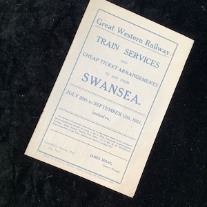 Oryginalna ulotka reklamowa GWR Great Western Railway z 1931 r. Usługi ze Swansea