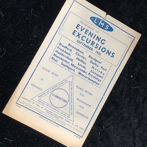 Libretto originale LMS Railway Handbill 1936 Birmingham Blackpool Bradford Chester Halifax Leeds Liverpool Manchester Morecambe Rhyl ecc