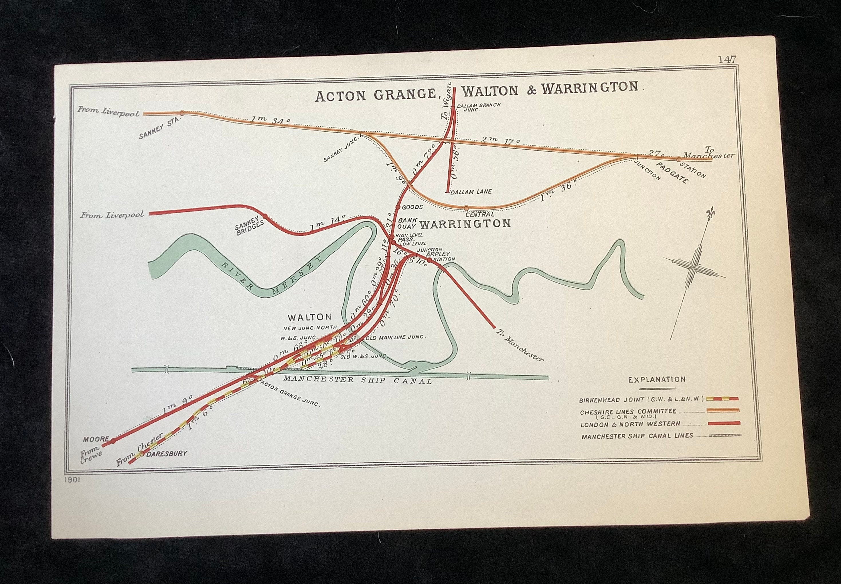 1901 Railway Map Warrington Walton Acton Grange Junction Diagram Original