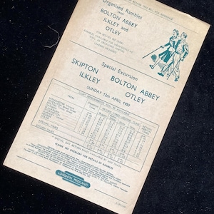 Volantino originale delle ferrovie britanniche 1959 Manchester Bolton Darwen Blackburn a Skipton Bolton Abbey Ilkley Otley per passeggiate organizzate